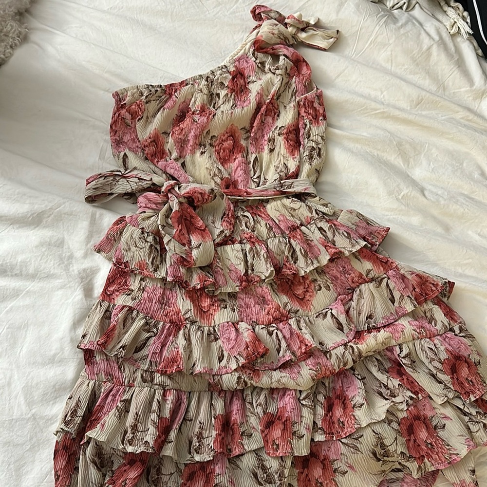 Pink floral mini one shoulder dress